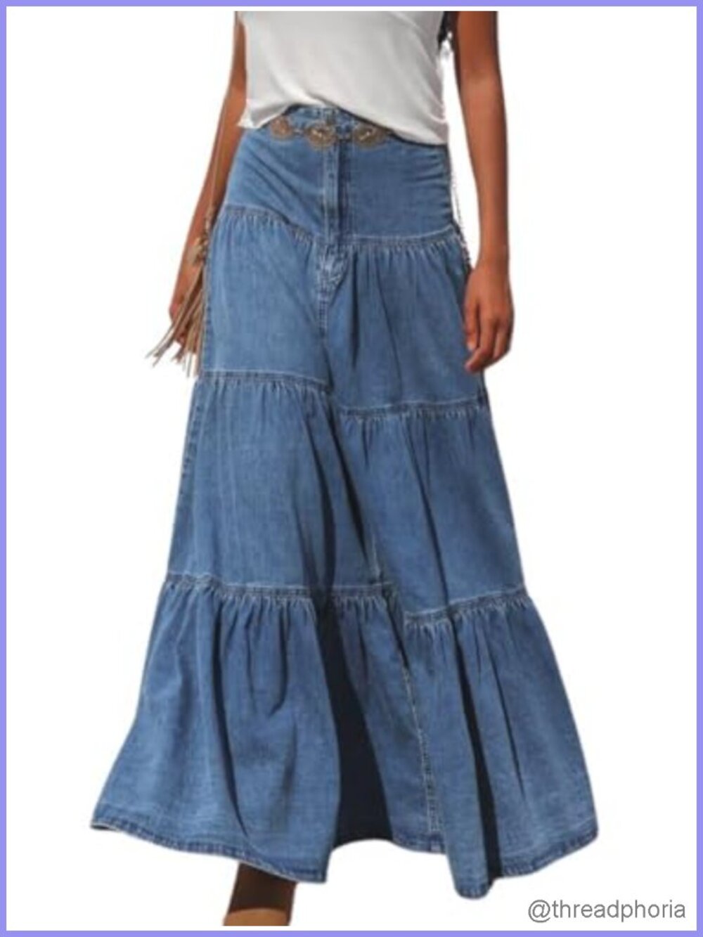 A-Line Tiered Maxi Denim Jean Skirt Flowy Swing Pleated Boho